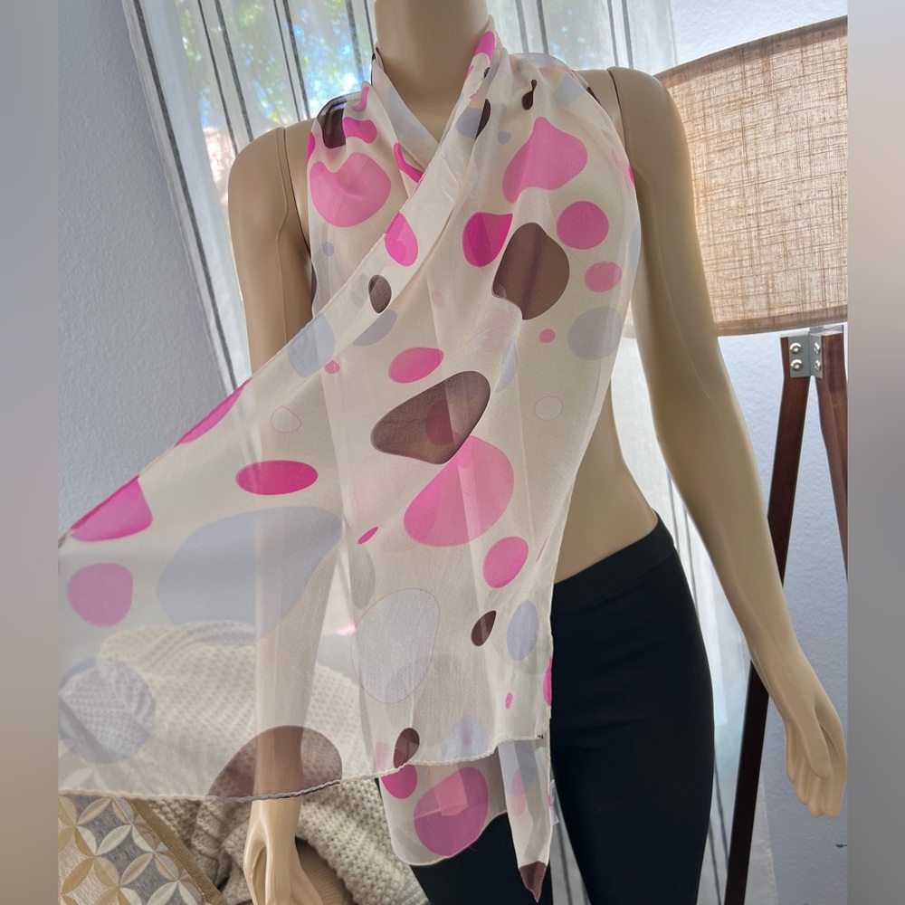 Vintage Gena Sheer Ivory Polka Dot Silk Rectangle Scarf Size 65 X 16 - Picture 2 of 5